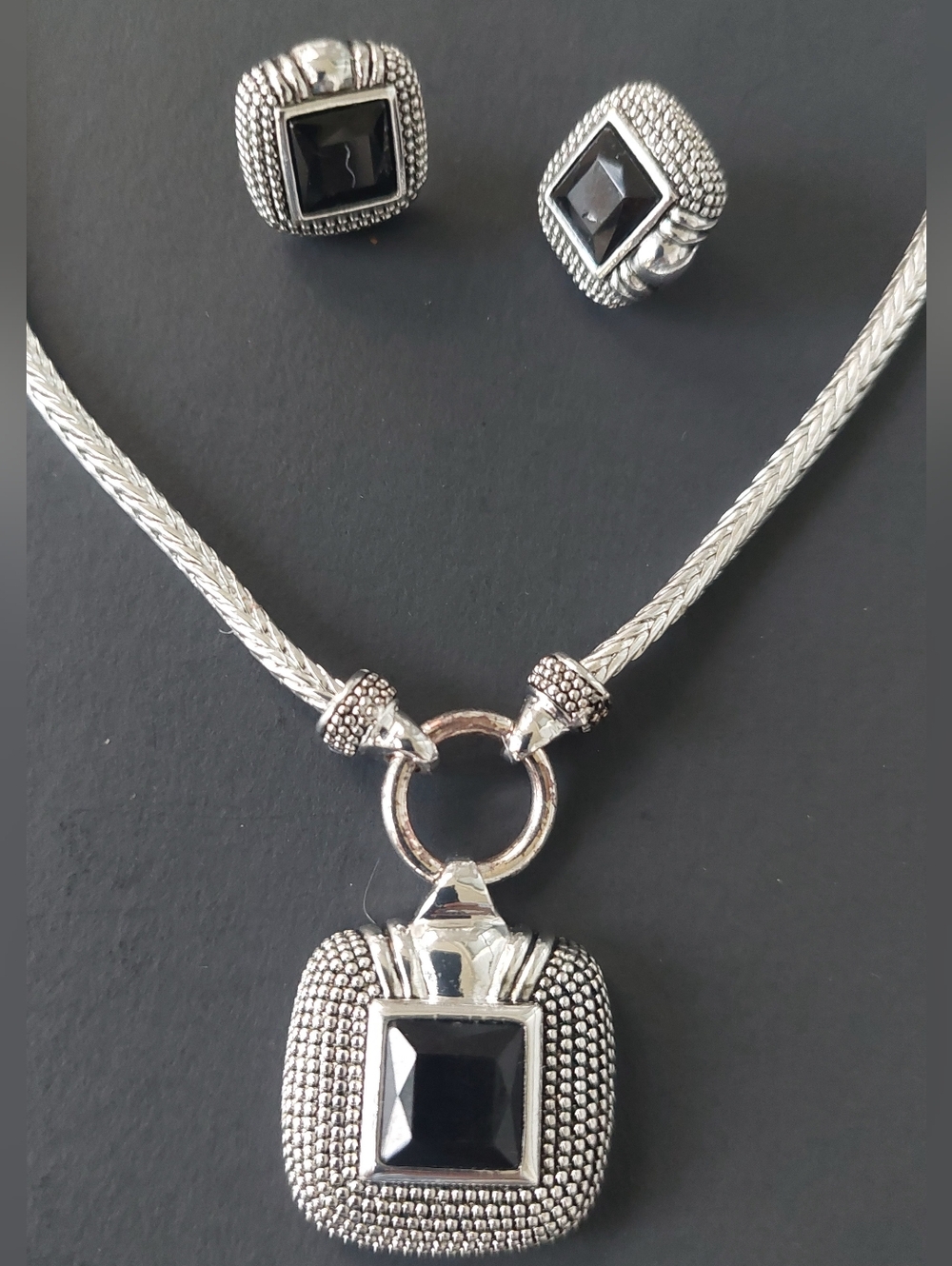 Charter Club- Silver-Tone Necklace & Stud Earrings with Black Stones
